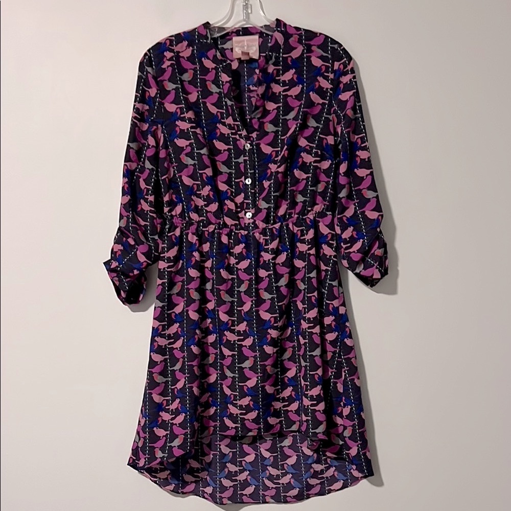 Romeo & Juliet Couture Black Dress with Pink and Blue Bird Pattern‎